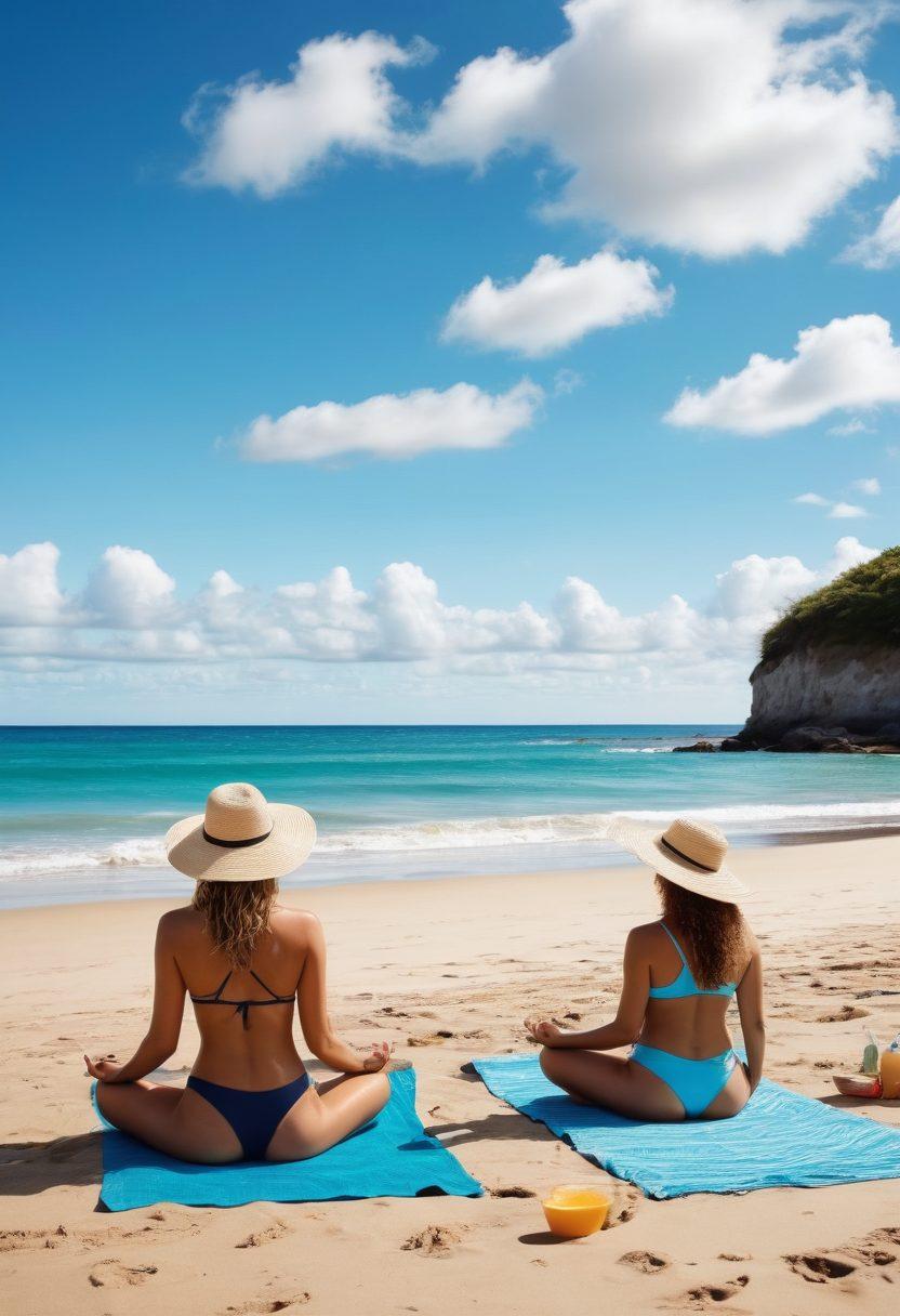 A serene beach scene featuring a diverse group of friends enjoying their day in stylish swimwear, with sun hats and beach towels. In the background, a fit couple practicing yoga by the shoreline, while a woman applies sunscreen, and another lounges with a smoothie. The sky is bright blue with fluffy white clouds, and gentle waves lap at the shore. The overall atmosphere is vibrant, relaxed, and joyful, capturing the essence of beach wellness and self-care. super-realistic. vibrant colors.